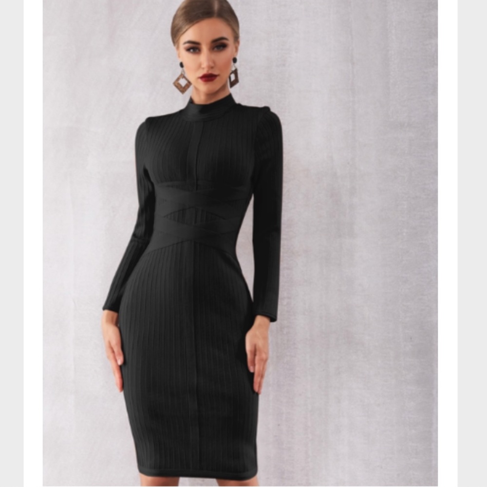 ELEGANT LONG SLEEVE HIGH MOCK NECK BANDAGE DRESS